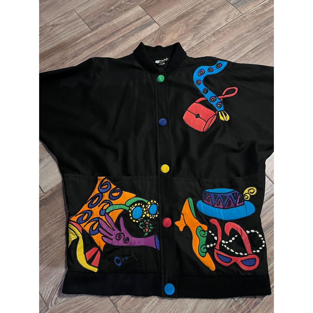 Silkscapes Vintage 1980s Pop Art Jacket Black Colorful Appliques Batwing Sleeves